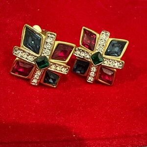 Gold-Tone Multicolor Crystal Cross high quality Clip-On - Green, Blue & Red